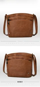 Detailed close-up of textured vintage brown crossbody bag with multi-pocket design and rivets