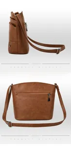 Detail view showing the side and back of the brown bucket bag with layered side pockets