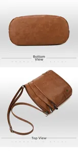 Detailed views of the brown leather bucket bag showing the base width and top zipper design