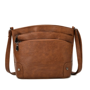 Brown vintage multi-layer bucket crossbody bag with pebble grain faux leather and silver rivets