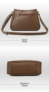 Detail view of brown pebbled leather bag showing rear zipper pocket and flat base structure