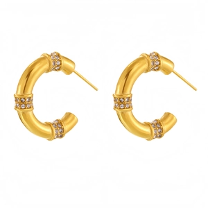 Gold plated stainless steel C-shaped bamboo earrings with clear cubic zirconia stones
