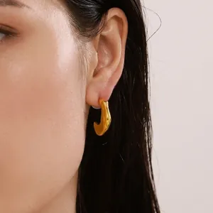 Irregular Crumpled C-Shape Hoop Earrings Stainless Steel 18K Gold Plated Minimalist Liquid Metal Style For Women
