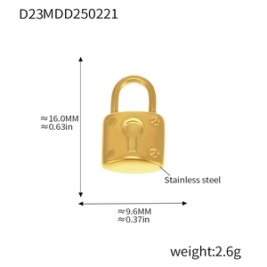 Detailed technical drawing of golden stainless steel lock pendant with dimensions and weight
