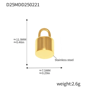 Detail of polished gold stainless steel lock pendant showing dimensions and 2.6g weight