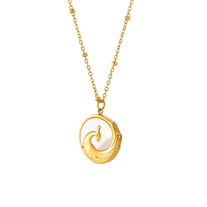Collier en acier doré avec pendentif rond en nacre et motif d'oiseau phénix