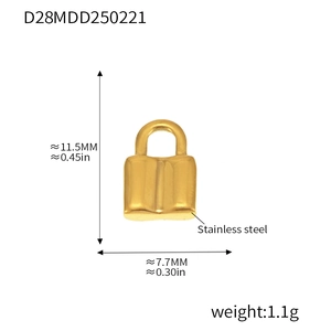 Golden stainless steel lock pendant detail showing dimensions of 11.5mm by 7.7mm