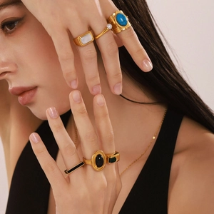 Vintage gold stainless steel rings set with zircon, turquoise and pearls for women