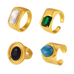 Vintage gold-plated stainless steel ring set featuring colorful zircon stones and shell inlay