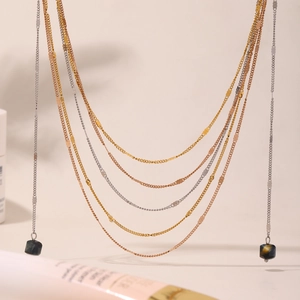 Multi-layer layered necklace with gold rose gold silver chains and tiger eye stone