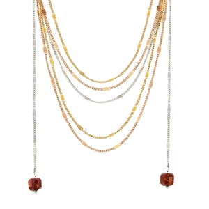 Multilayered tri-color chain necklace with gold accents and reddish-brown stone pendants