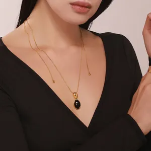 Collier Long Pendentif En Acier Inoxydable Oeil De Tigre Naturel Agate Noire Ovale Plaqué Or 18K Bijoux Pour Femmes