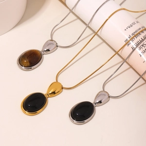 Collier chaîne serpent ajustable avec pendentifs ovales en onyx noir et oeil de tigre
