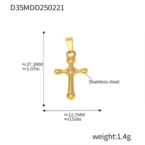 Detailed size chart for 18k gold plated stainless steel cross pendant showing dimensions