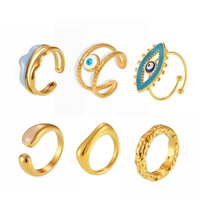 6-piece gold-plated titanium steel ring set with blue enamel evil eye and wave designs