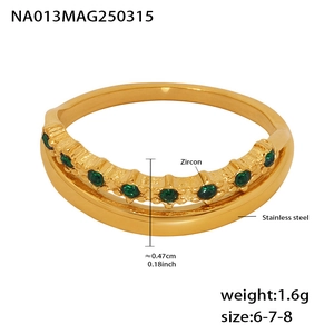 Detail of 18k gold plated double-layer stainless steel ring with green zircon accents