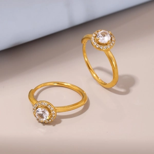 Gold-plated PVD stainless steel open ring featuring a sparkling 5A zircon halo design