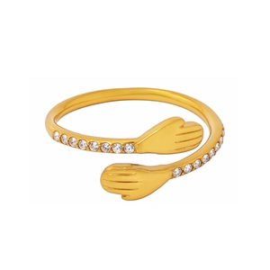 Bague mains enlacées ajustable en acier plaqué or 18K avec pavage de zircons brillants