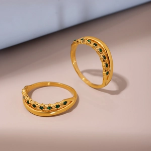 Double-layered gold stainless steel rings with emerald green zircon stones for women