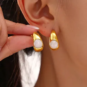 Boucles Oreilles En Acier Inoxydable Croissant Forme C Plaqué Or 18K Poudre Künstliche Perle Scintillante Minimaliste Femmes