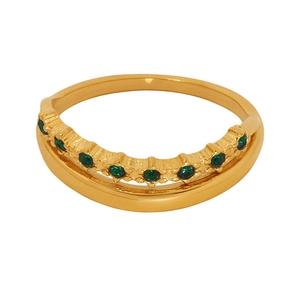 Double layer gold plated stainless steel ring with green zircons on white background