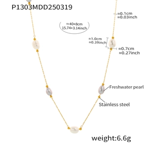 Detail specifications of stainless steel necklace with five freshwater pearls on white