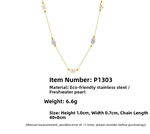 Detailed view of adjustable stainless steel gold chain with five natural freshwater pearls