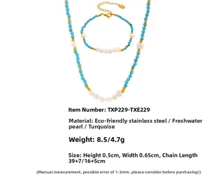 Detailed set of turquoise beads and freshwater pearls necklace with golden spacers
