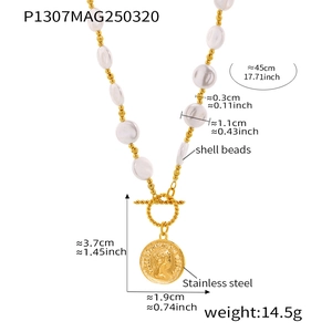 Detail of Elizabeth coin pendant on pearl necklace with golden OT clasp and measurements