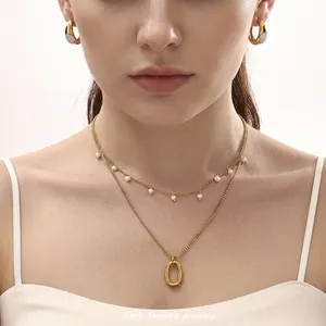 Stainless Steel Multi Layer Necklace Shell Artificial Pearl Flower Oval Pendant 18K Gold Plated Elegant Jewelry For Women
