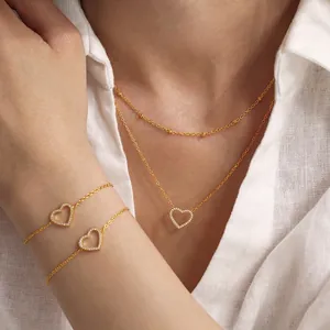 Collier Et Bracelet Pendentif Coeur Bijoux En Acier Inoxydable Avec Zircon Pavé Double Couche Mode Délicate Femme