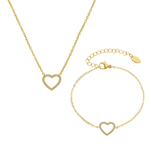 Ensemble de bijoux cœur en acier inoxydable plaqué or 18K avec collier, bracelet et zircons