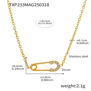 Detailed size parameters of gold stainless steel safety pin necklace with 5A zircon stones