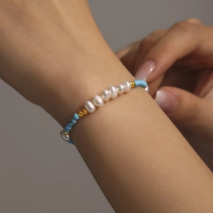 French style natural turquoise and freshwater pearl beaded bracelet with gold accents