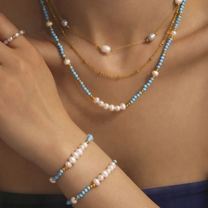 French style layered pearl and turquoise necklace set with matching bracelet and ring