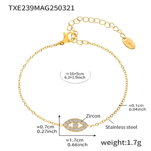 Detailed view of evil eye gold bracelet with zircon inlay and size dimensions