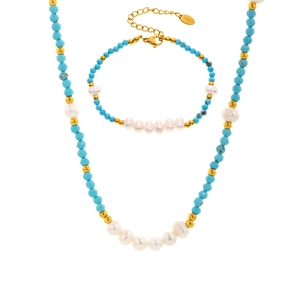 French style necklace and bracelet set with turquoise beads, pearls, and stainless steel