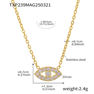 Detailed view of the gold Evil Eye pendant and stainless steel chain with size markers