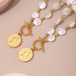 Baroque pearl necklace with gold Elizabeth coin pendant and decorative OT clasp design