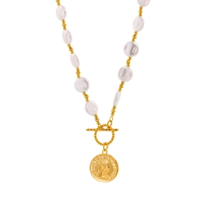 Baroque pearl and gold bead necklace with OT buckle and round portrait coin pendant