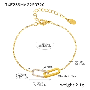 Interlocked oval rings bracelet with zircons and size specifications on white background