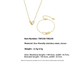 Detail showing dimensions and material of gold-plated stainless steel cubic zirconia jewelry set