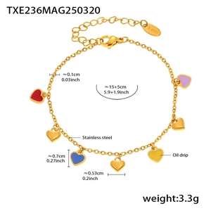 Macro shot of stainless steel gold chain with colorful oil drip heart-shaped pendants