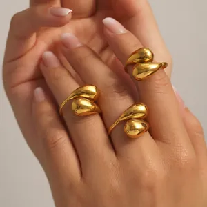 Waterdrop Ring Stainless Steel 18K Gold Plated Open Adjustable Teardrop Comma Shape Minimalist Fashion Jewelry For Women
