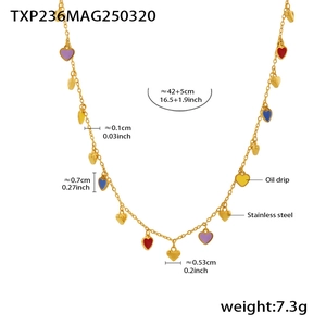 Detailed view of stainless steel chain with colorful oil drip heart pendants and dimensions