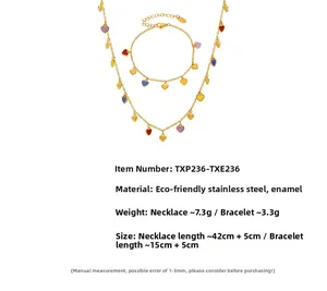 Detailed set of gold titanium steel jewelry featuring colorful heart oil-drip charms