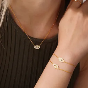 Evil Eye Necklace And Bracelet Stainless Steel Pave Zircon Layered Satellite Chain Jewelry Accessory For Women