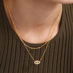 Gold double-layered evil eye necklace set with 5A zircon inlay for women daily wear