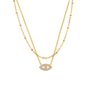 Double-layer gold necklace with beaded chain and cubic zirconia Evil Eye charm