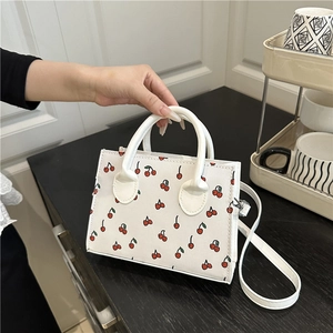 Women Cherry Print PU Leather Tote Bag Mini Small Square Handbag With Adjustable Strap Daily Casual Crossbody Bag